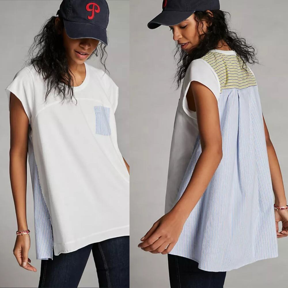 Anthropologie White Tunic Tee with Blue Stripe Back